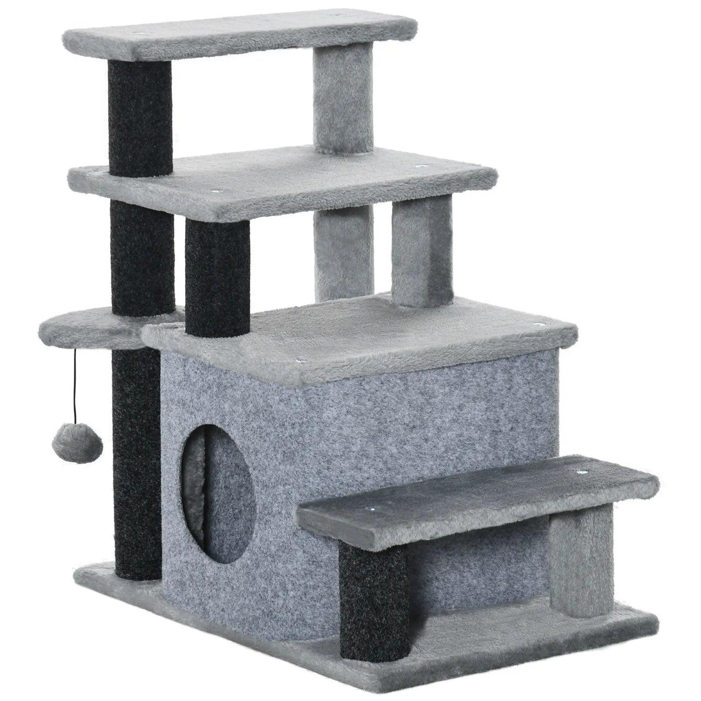 PawHut Adjustable Cat Steps, with House & Hanging Toy Ball - Grey