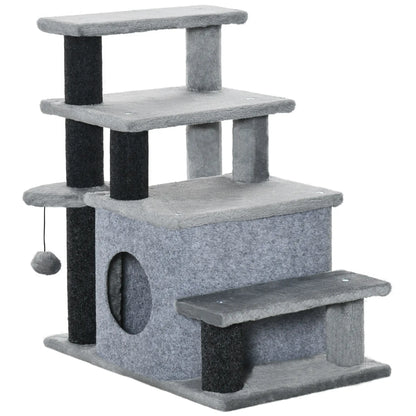 PawHut Adjustable Cat Steps, with House & Hanging Toy Ball - Grey