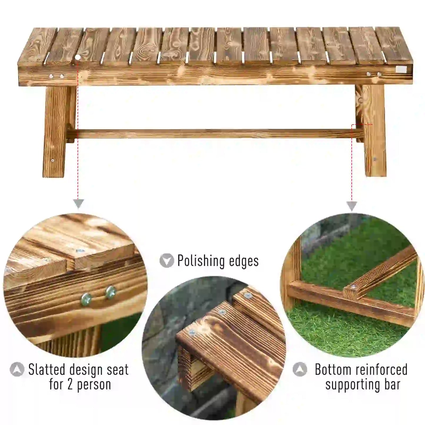 Outsunny 1 Piece 2-Seater Outdoor Indoor Wooden Garden Bench Fir Patio Loveseat, Carbonised