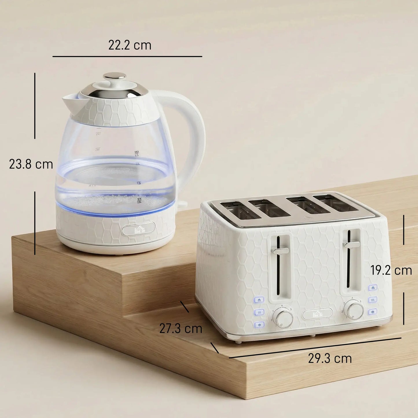 HOMCOM Rapid Kettle & Toaster Set, 1.7L 3000W, 4 Slice Toaster with 7 Browning Controls, Cream