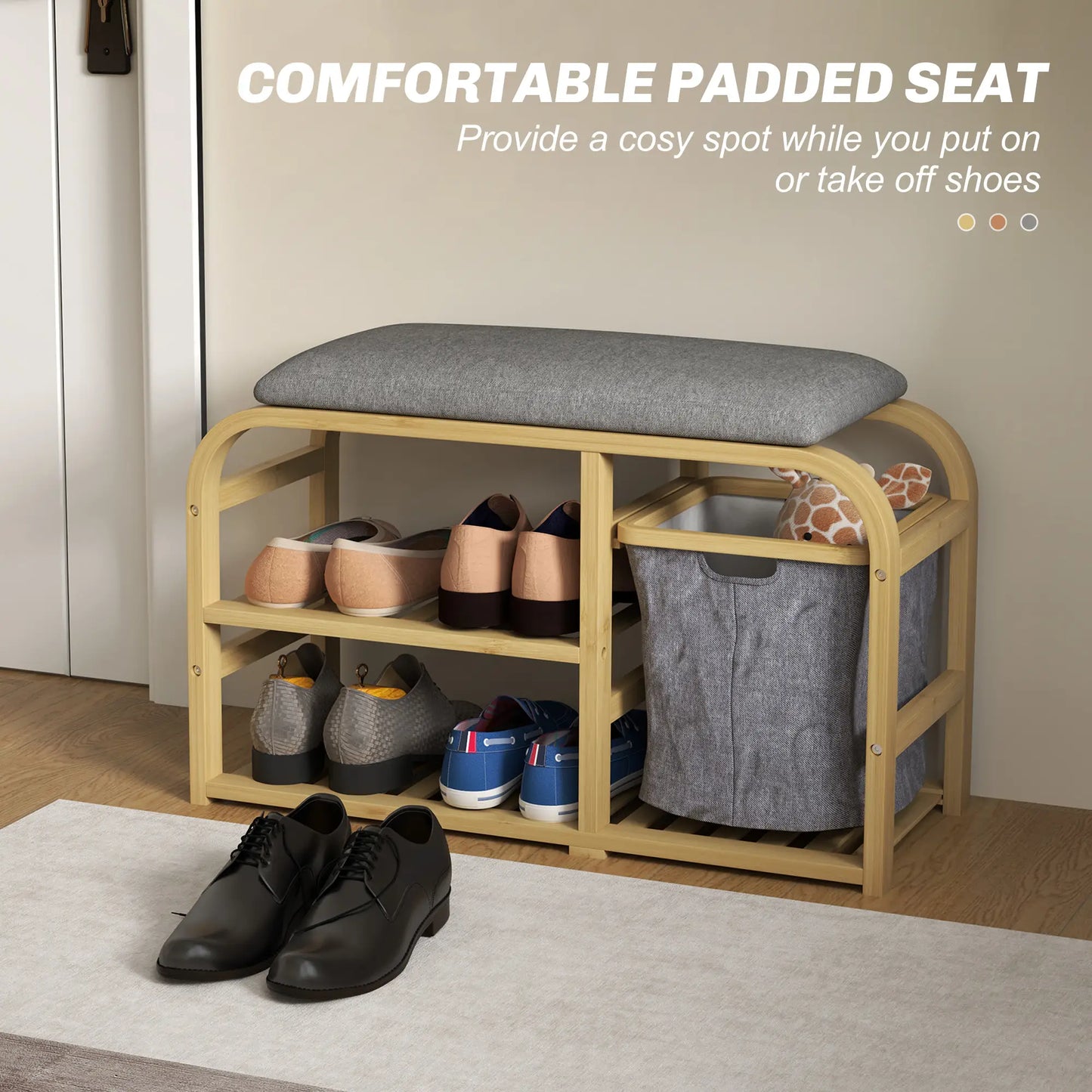 HOMCOM Bamboo Shoe Rack Storage Bench with Padded Seat - Nature Wood Finish