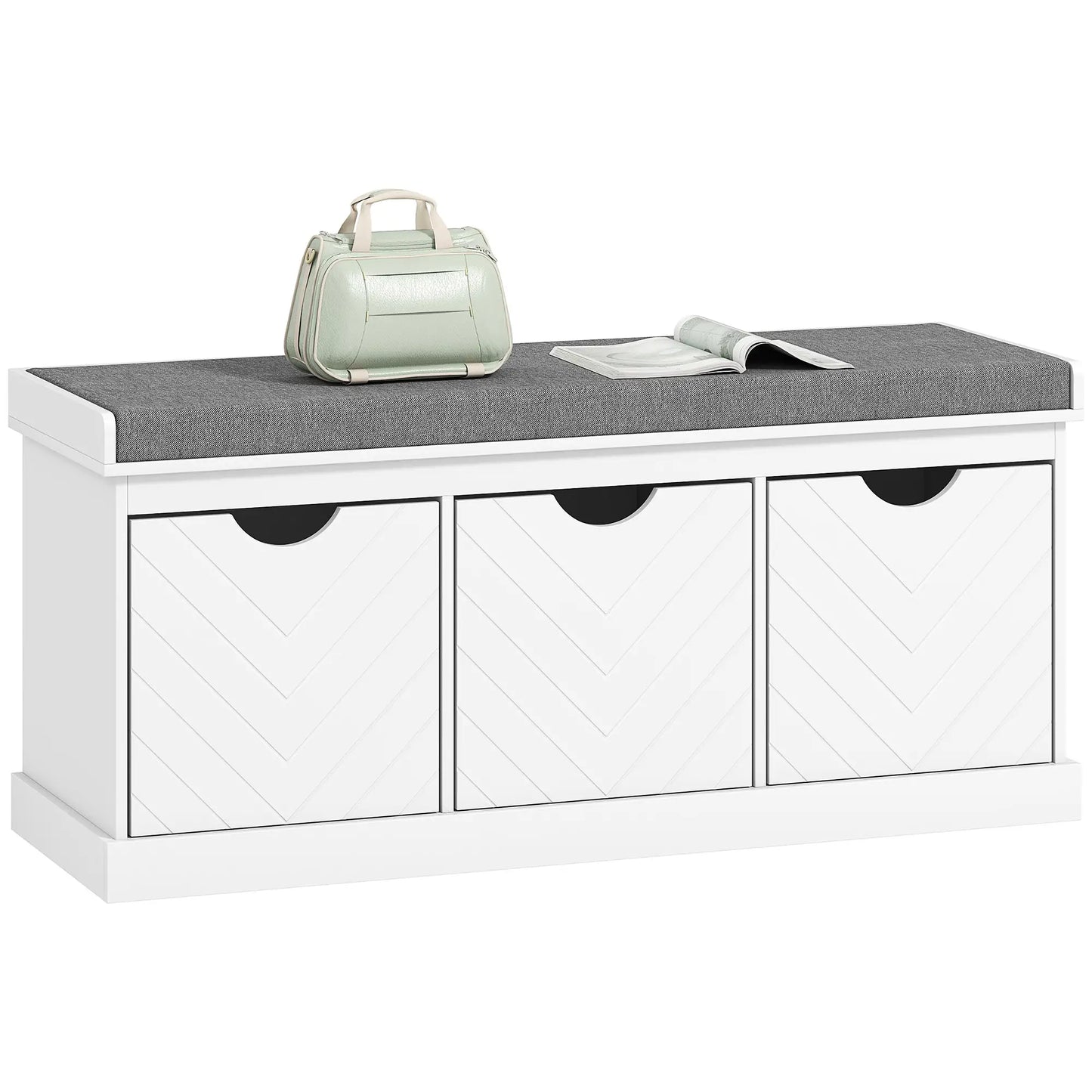 HOMCOM 3-Drawer Padded Shoe Storage Bench with Breathable & Washable Linen-Look Cover, White