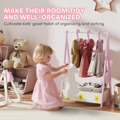 AIYAPLAY Kids Baby Clothing Rack with Hangers, Storage Shelf, Star Theme for Ages 3-6, Pink