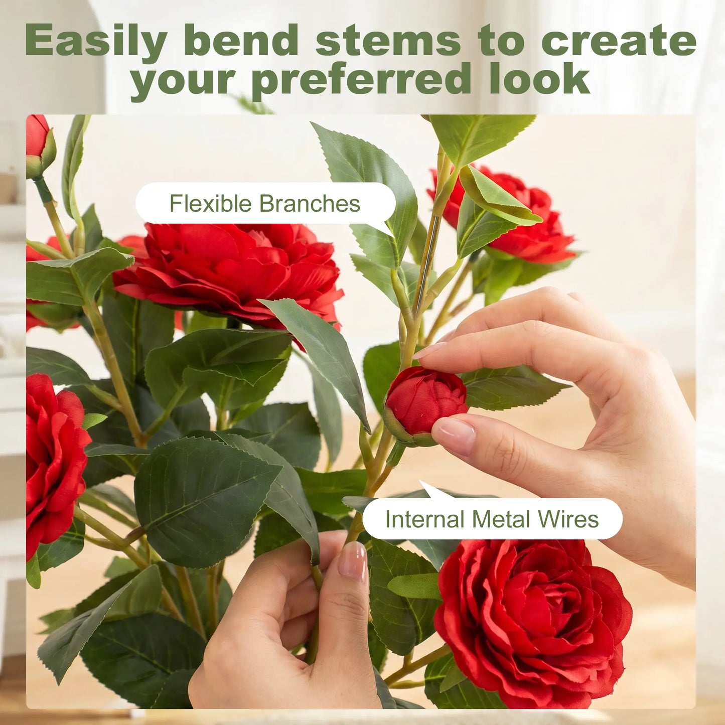 HOMCOM Artificial Camellia Flower Plant in Pot with 116 Lush Leaves & Moss Effect, Red