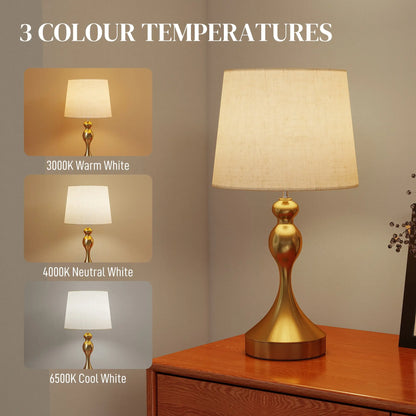 HOMCOM Bedside Lamps Set of 2, Modern Table Lamps with 3 Colour Temperatures, USB A+C Charging Ports & Linen Shade, Gold Tone