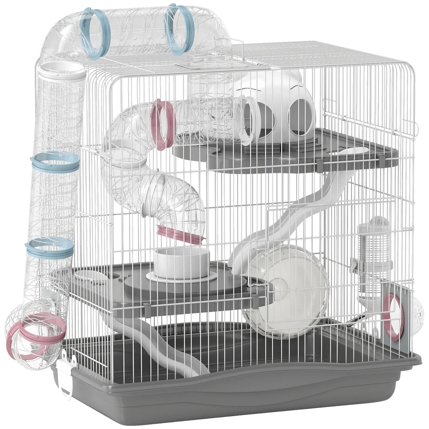 PawHut 3-Tier Hamster Cage with Exercise Wheels, Water Bottle, Food Dish, for Dwarf Hamsters, Grey