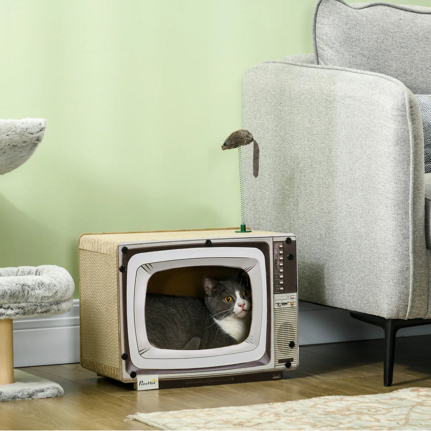 PawHut TV-Shaped Scratching Board with Scratcher, Catnip, Toy Rat, Cat Scratcher for Indoor Cats
