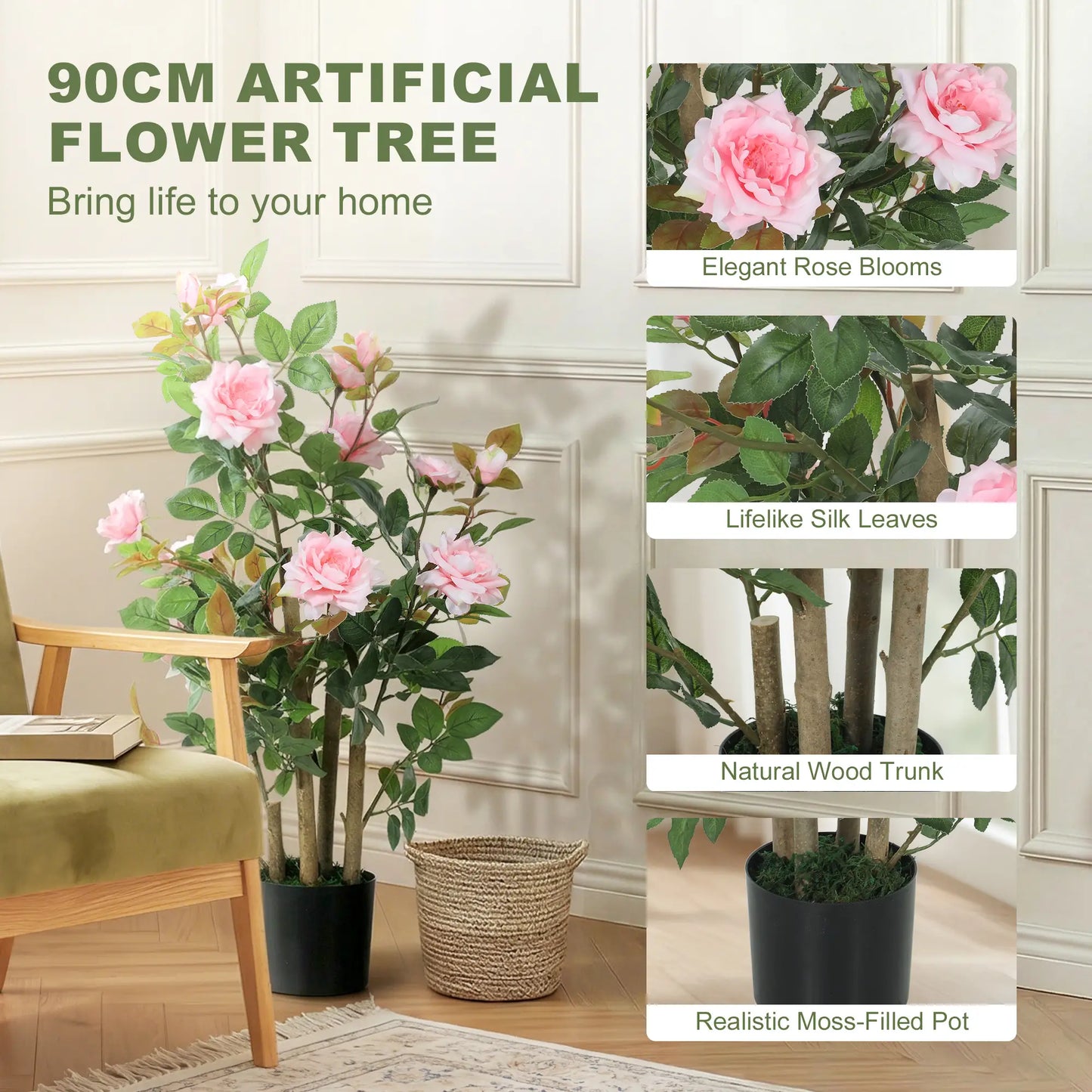 HOMCOM Artificial Rose Tree, Decorative Fake Plant with 344 Silk Leaves 17 Flowers for Outdoor Indoor Decor, Pink
