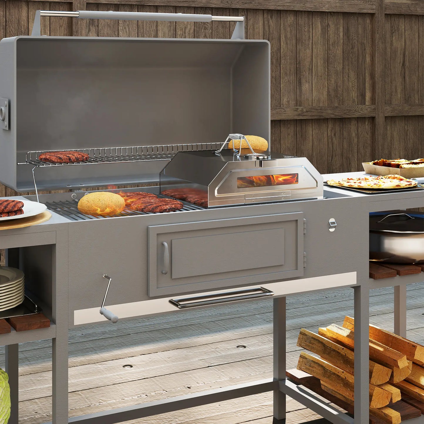 Outsunny 8 in Portable Charcoal, Gas Stainless Steel BBQ Grill Top Pizza Oven with Viewing Window