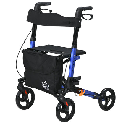 HOMCOM 4 Wheel Rollator with Seat and Back, Folding Mobility Walker with Carry Bag, Adjustable Height, Walking Frame for Seniors, Blue