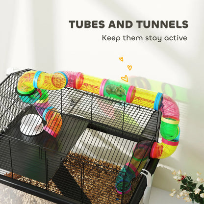 PawHut Two-Tier Hamster Cage with Deep Tray, Tube System, Water Bottle, Ramp, Feeding Bowl, Multicoloured