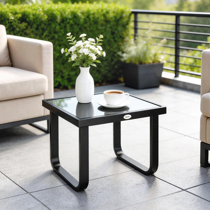 Outsunny Outdoor Garden Coffee Table, Rectangle Metal Side Table with Tempered Glass Tabletop, Adjustable Foot Pads