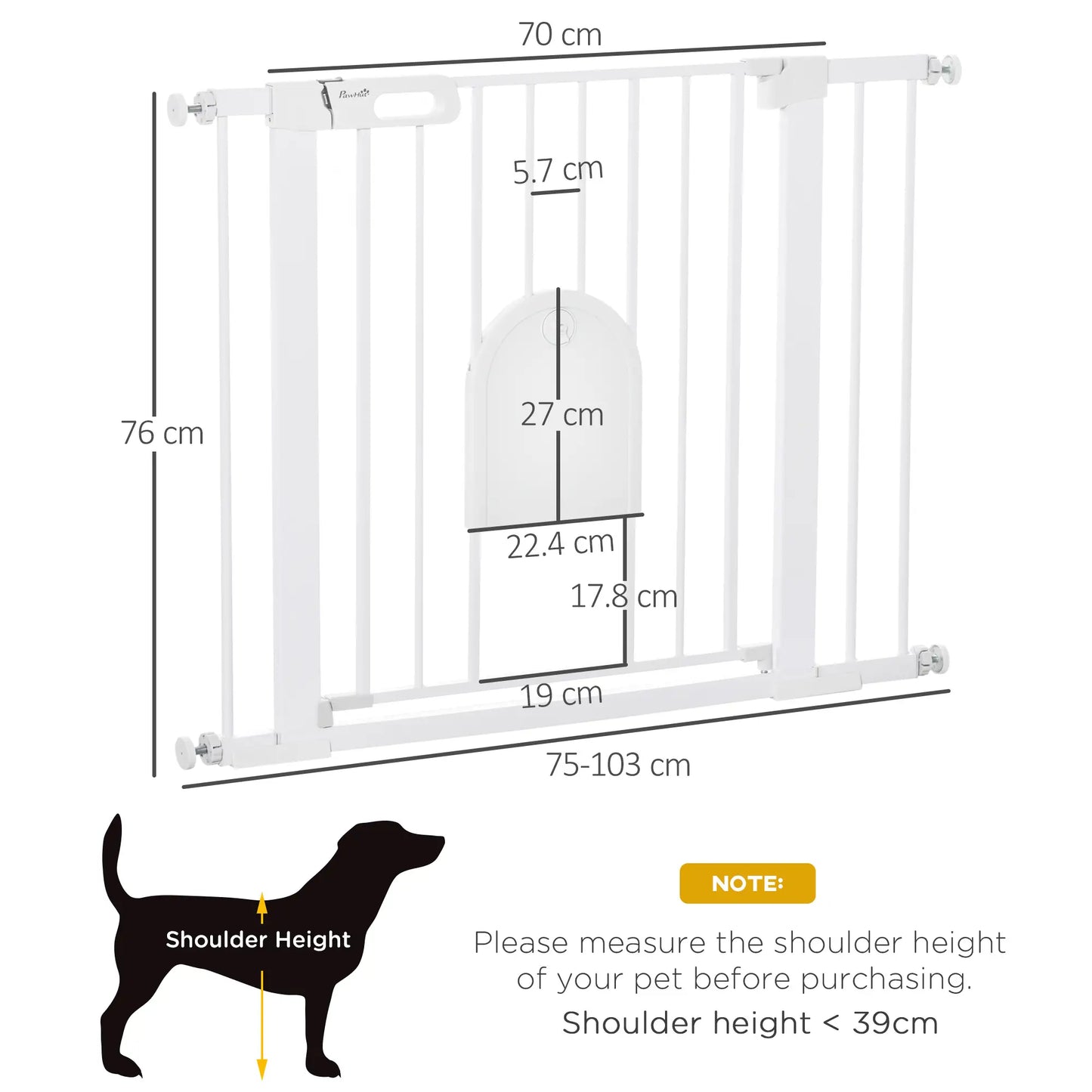 PawHut Dog Gate with Cat Flap Pet Safety Gate Barrier, Stair Pressure Fit, Auto Close, Double Locking, for Doorways, White