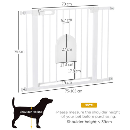 PawHut Dog Gate with Cat Flap Pet Safety Gate Barrier, Stair Pressure Fit, Auto Close, Double Locking, for Doorways, White