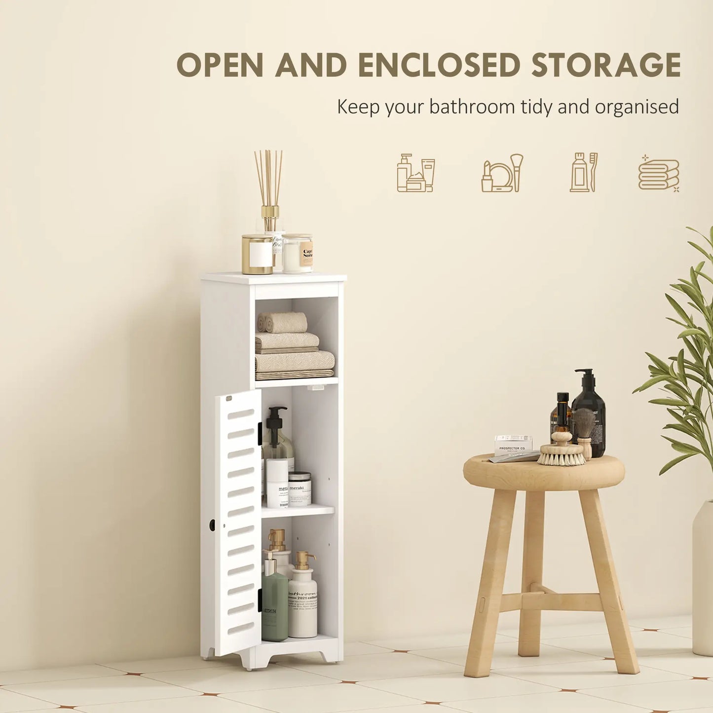HOMCOM Bathroom Floor Cabinet, Storage Unit with Louvered Door, Open Shelf, Adjustable Shelf, White