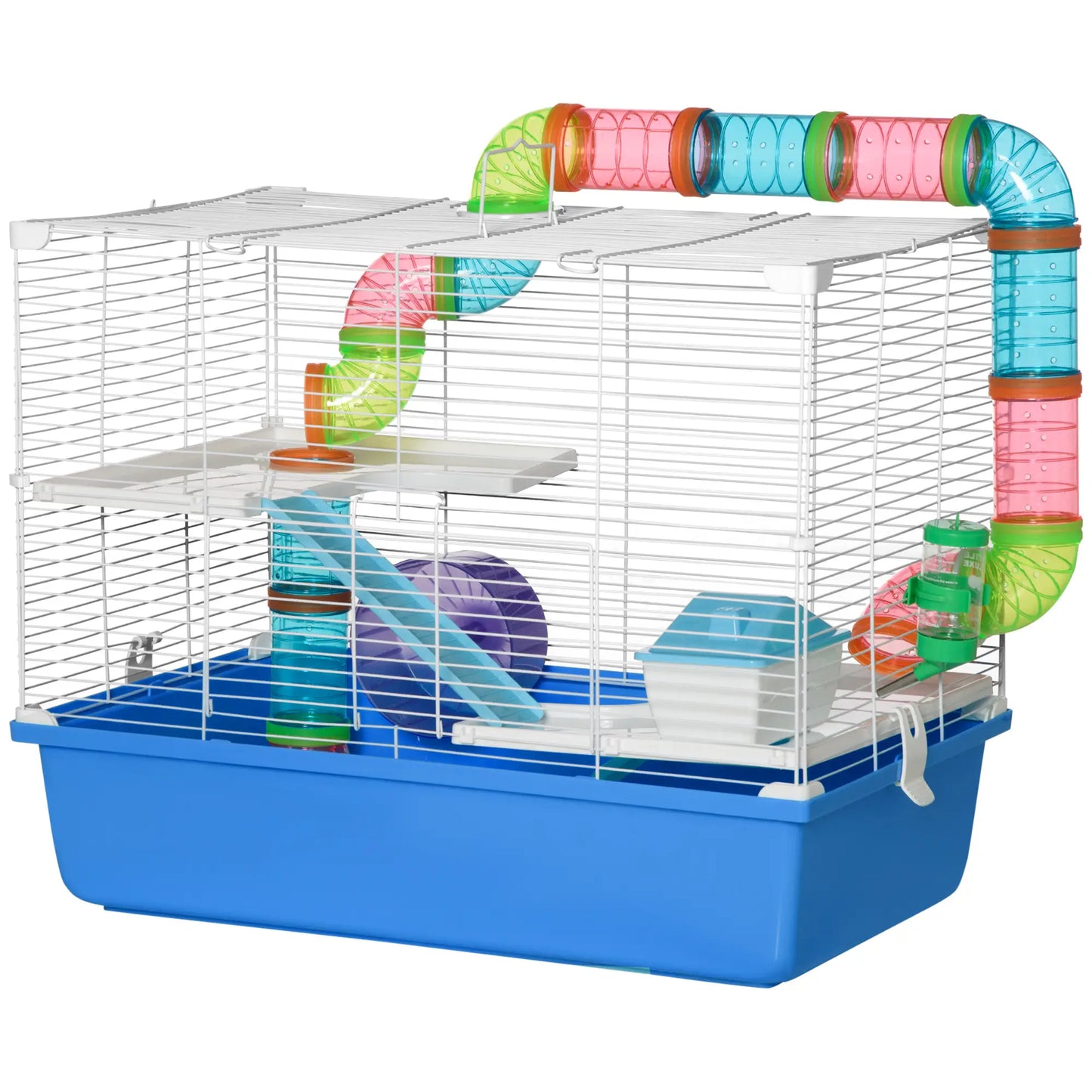 PawHut Hamster Cage, Gerbil Cage 3 Tier for Dwarf Hamster with Tube, Exercise Wheel, Water Bottle, Food Dish - Blue