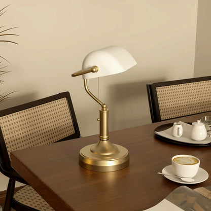 HOMCOM Banker's Desk Lamp with Antique Bronze Tone Base, Table Lamp with White Glass Shade for Home Office