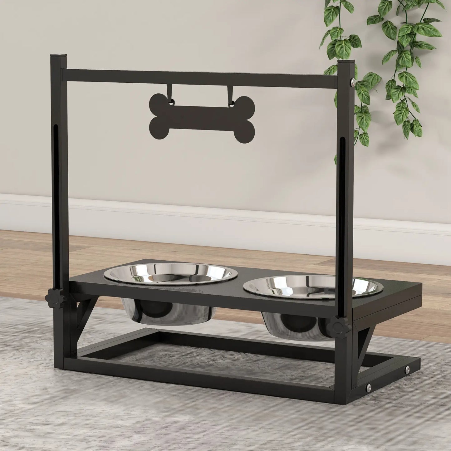 PawHut Dog Bowls with Stand, Adjustable Height Elevated Dog Bowls for Small Medium Large Dogs - Black