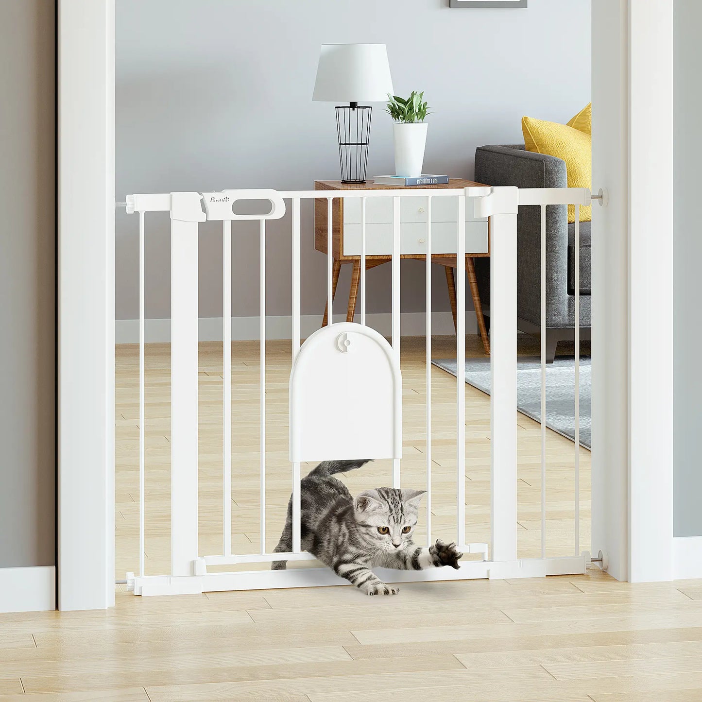 PawHut Dog Gate with Cat Flap Pet Safety Gate Barrier, Stair Pressure Fit, Auto Close, Double Locking, for Doorways, White