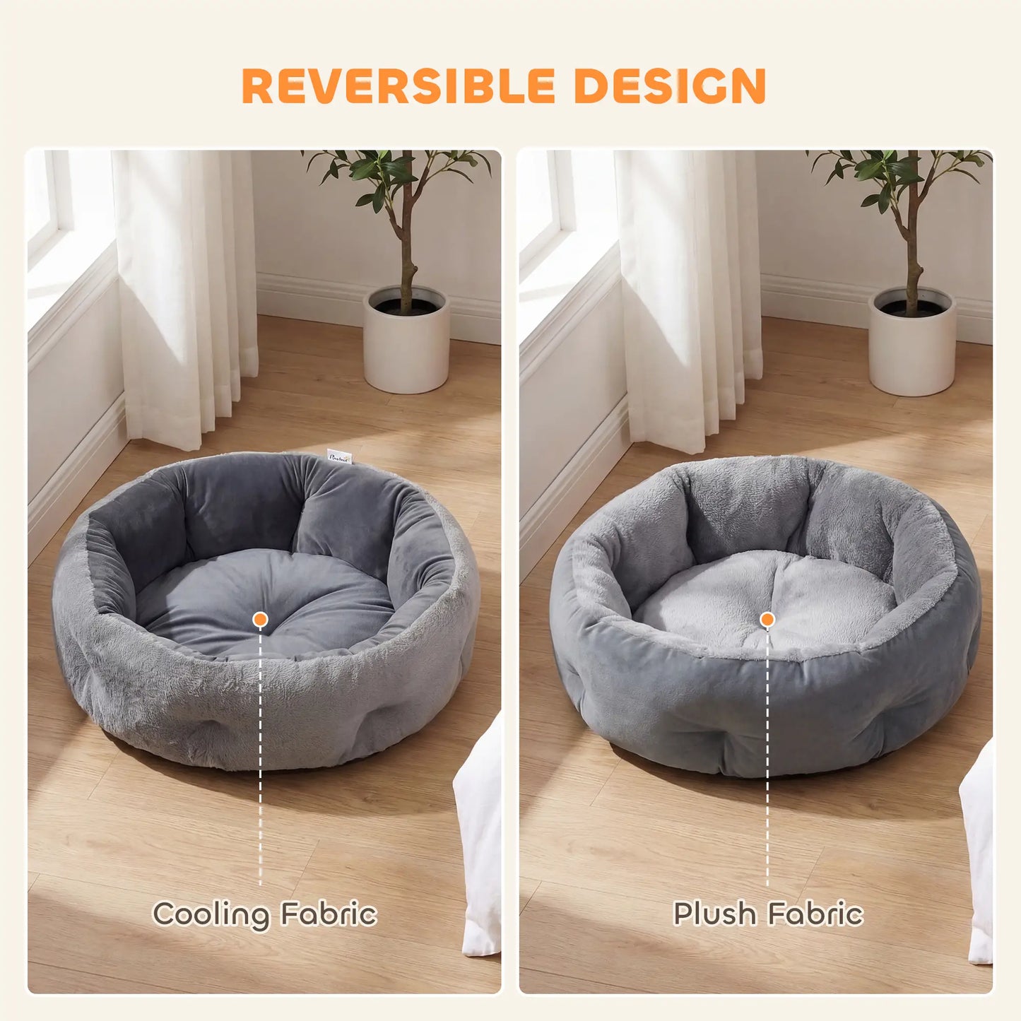 PawHut Cat Round Bed, Reversible Dog Pet Bed for Indoor Cats & Small Dogs with Supportive Bolster, Dark Grey