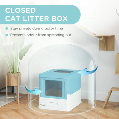 PawHut Hooded Cat Litter Box, Portable Pet Toilet, with Scoop, Front Entry - Light Blue