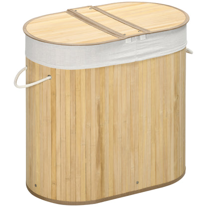HOMCOM Bamboo Laundry Basket with Lid, 100 Litres Laundry Hamper with 2 Sections, Removable Washable Lining, Washing Baskets