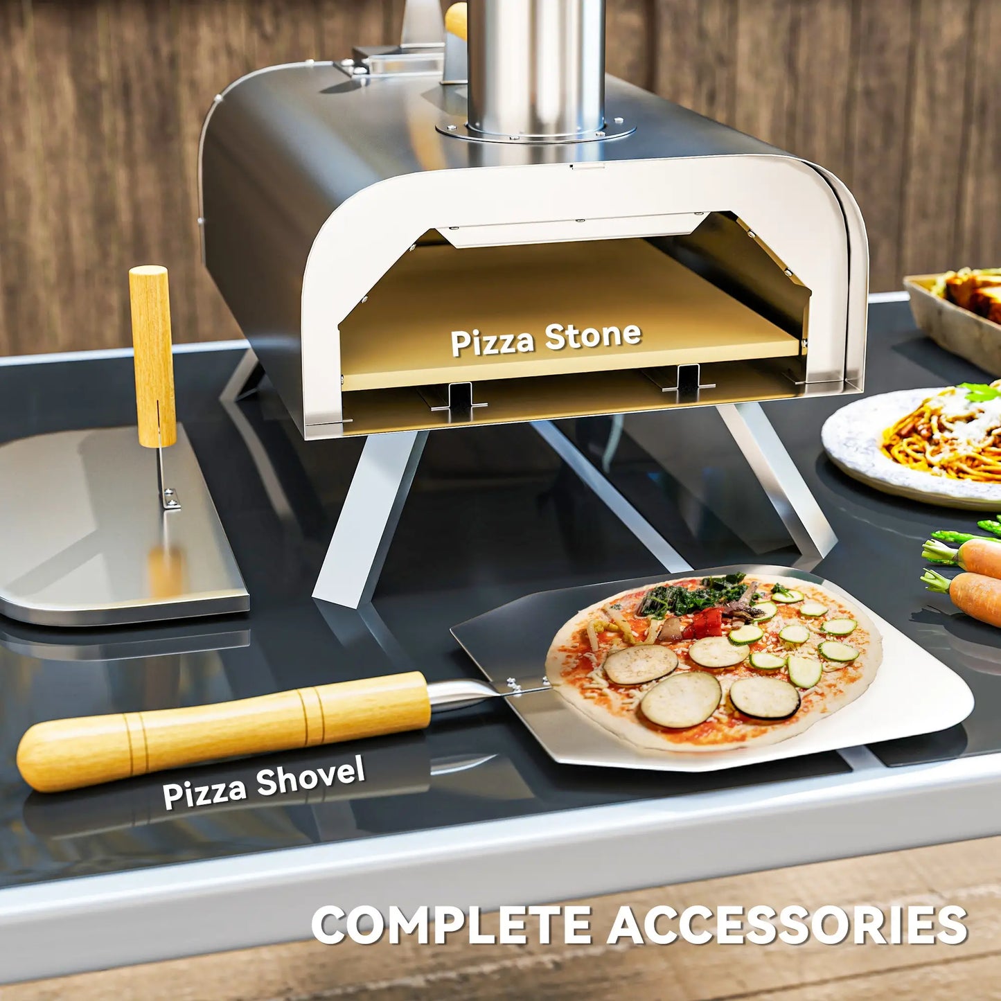 Outsunny Wood Fired Pizza Oven, Portable Wood Pellet Pizza Maker with Pizza Stone and Peel, Foldable Legs, Chimney for Outdoor Cooking