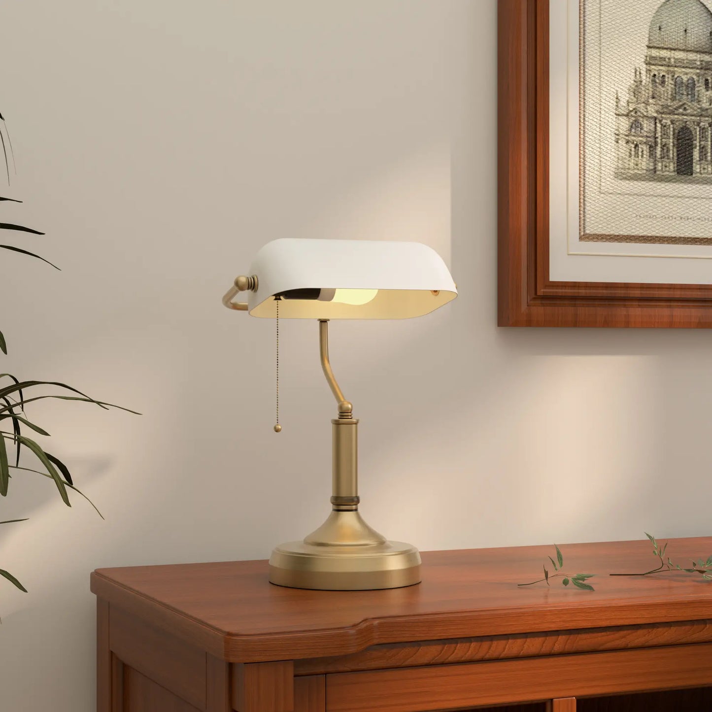 HOMCOM Banker's Desk Lamp with Antique Bronze Tone Base, Table Lamp with White Glass Shade for Home Office