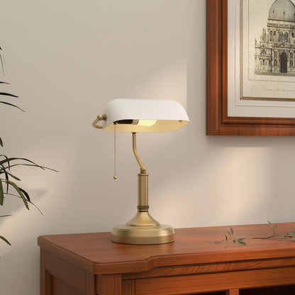 HOMCOM Banker's Desk Lamp with Antique Bronze Tone Base, Table Lamp with White Glass Shade for Home Office