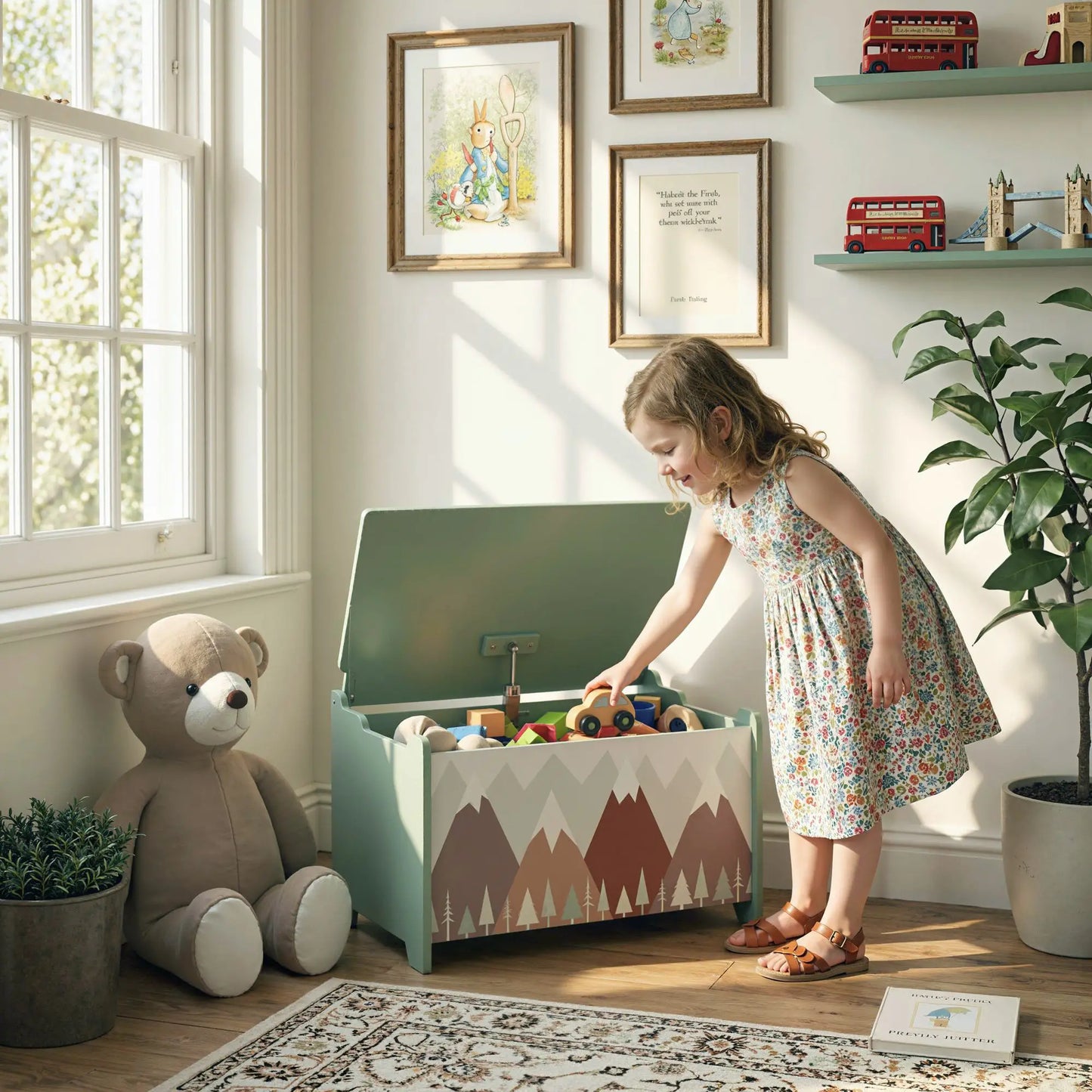 ZONEKIZ Toy Box, Kids Storage Chest with Lid and Safety Hinge - Green