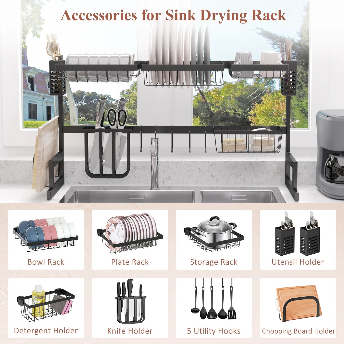HOMCOM 93cm Kitchen Modular Over-Sink Drying Rack Dish Drainer, Rust-Proof