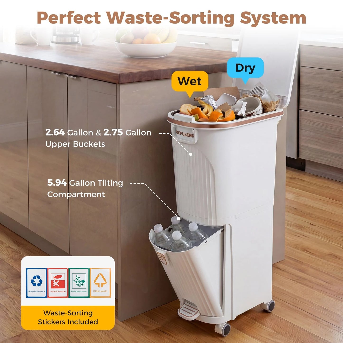 43L Kitchen Waste Can with Lid Double-Layer Sorting Trash Bin