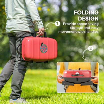 Outsunny Charcoal Barbecue Grill Folding BBQ Grill with Adjustable Vent, Thermometer, Handles for Camping Picnic, Red
