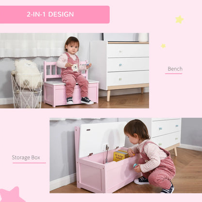 HOMCOM 2 In 1 Kids Wooden Toy Box, Seat Storage Bench, Chest Cabinet Organiser with Safety Pneumatic Rod, Pink