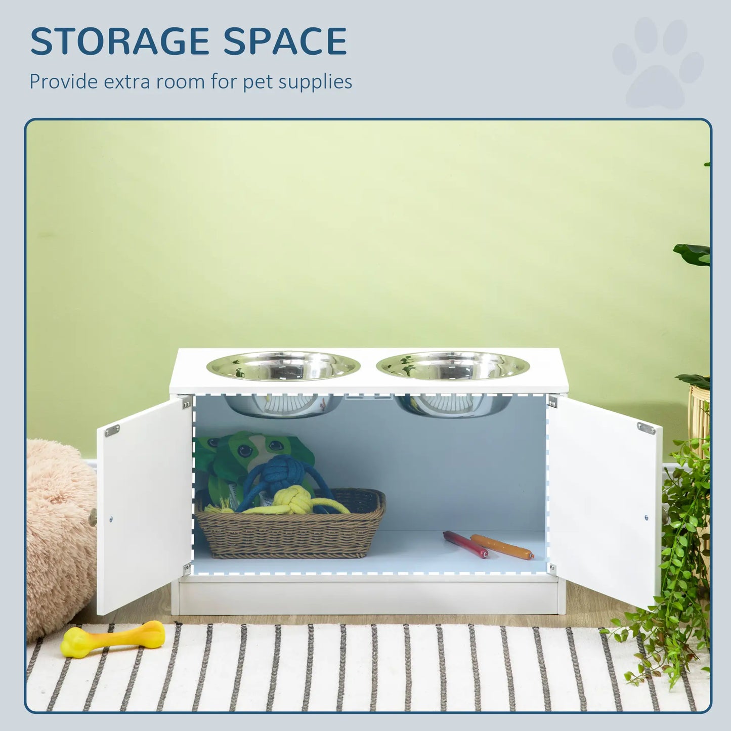 PawHut Raised Dog, Pet Feeder with Two Bowls, Storage - White