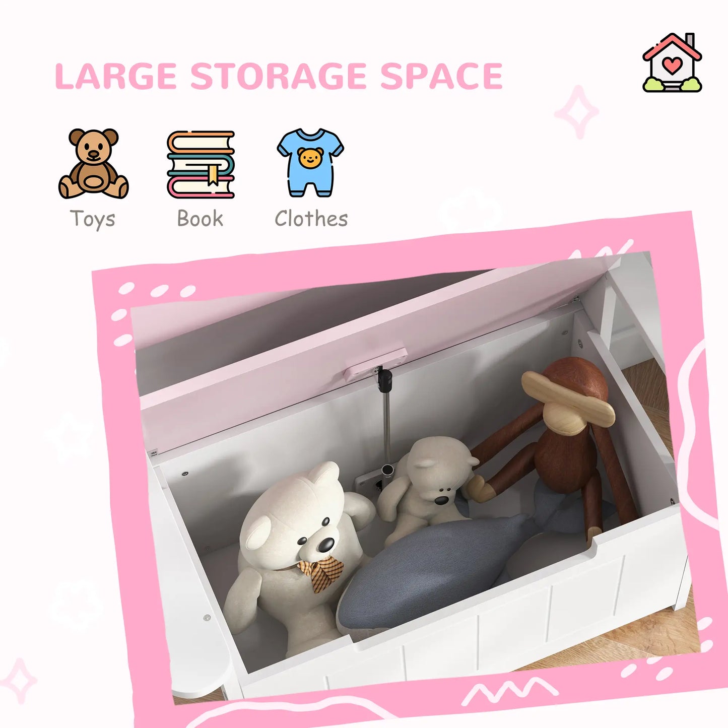 AIYAPLAY 2-in-1 Toy Box Bench for Kids Storage with Lid for Bedroom, Nursery, Playroom, Pink