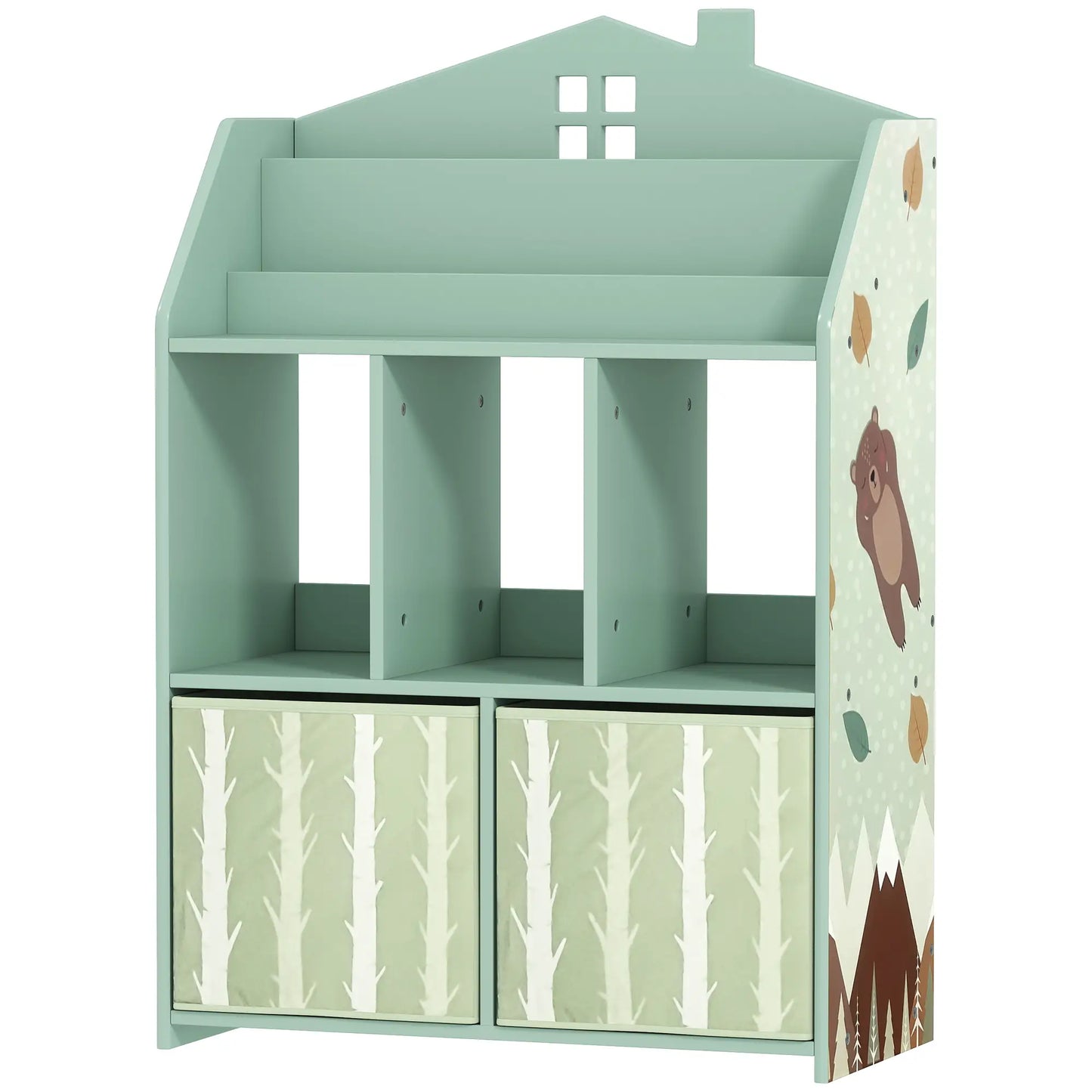 AIYAPLAY Kids Bookshelf with Toy Storage, Book Shelves and Fabric Drawers for Playroom, Green