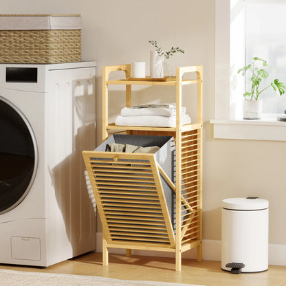 HOMCOM Bamboo Laundry Cabinet with Slatted Door, Bathroom Cabinet with Removable Liner Bag, Natural Wood Finish