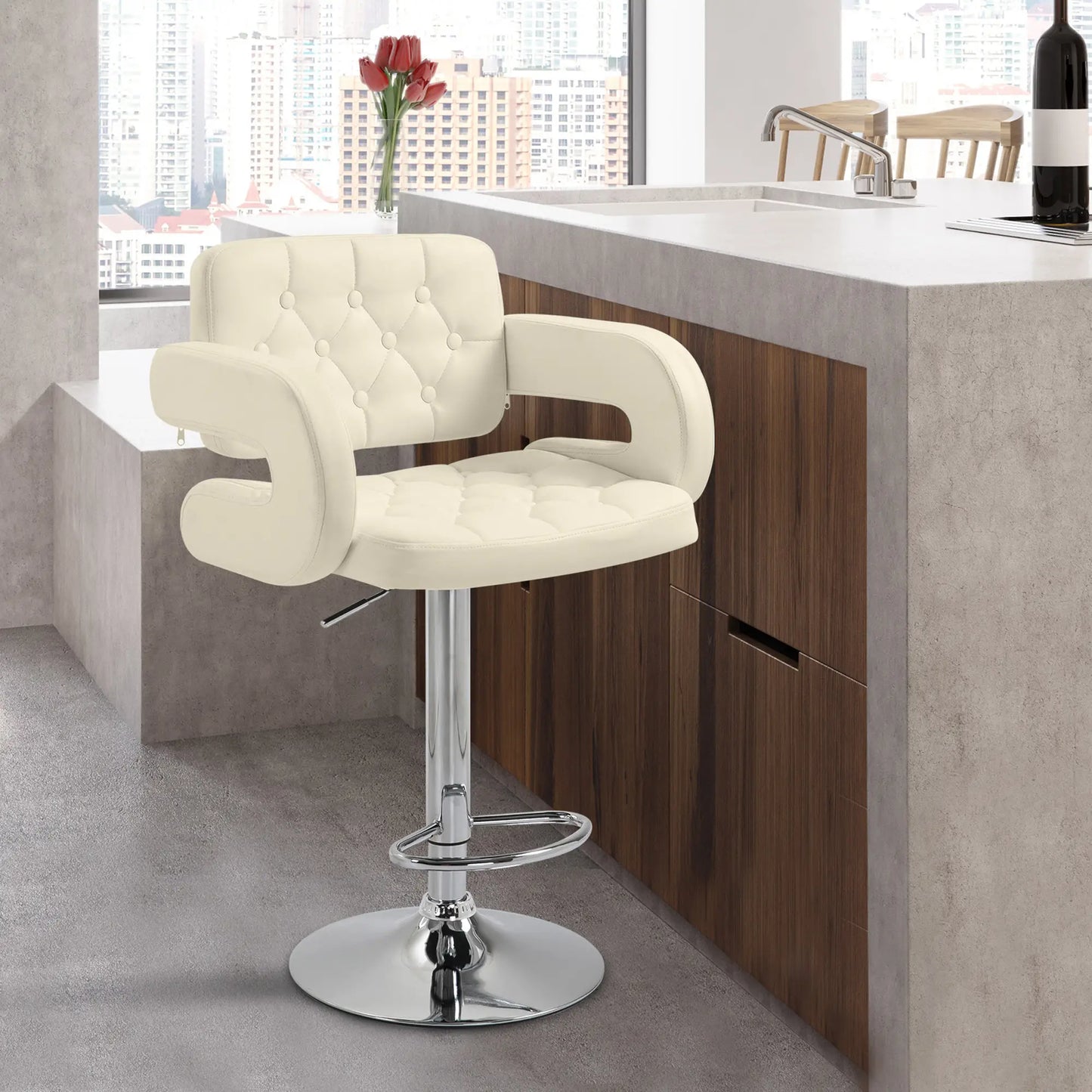 HOMCOM PU Leather Upholstered Swivel Bar Stool, Height Adjustable with Back, Armrest, Footrest, Beige