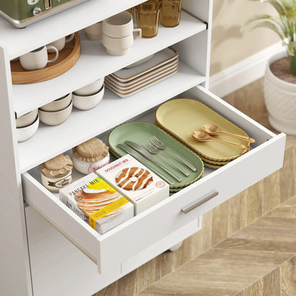 HOMCOM Kitchen Trolley with Wheels, Modern Mobile Microwave Stand with Slide-Out Shelf, Drawer & 2 Doors