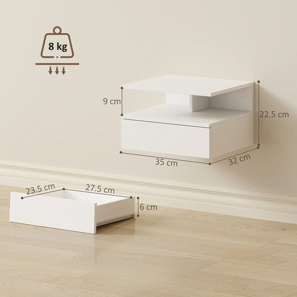 HOMCOM Set of Two Floating Bedside Tables Wall-Mounted Side Table - White