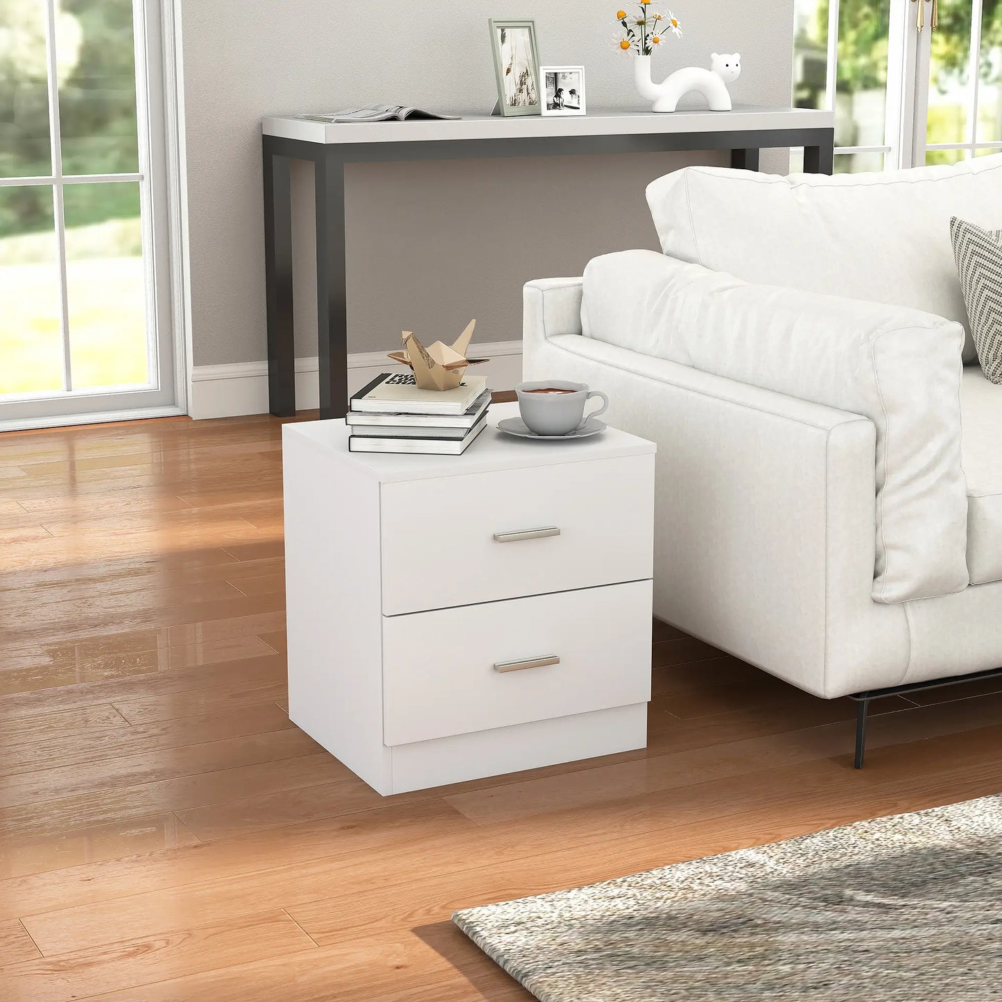 HOMCOM Modern Bedside Table, Beside Cabinet with 2 Drawers for Bedroom, Living Room, White
