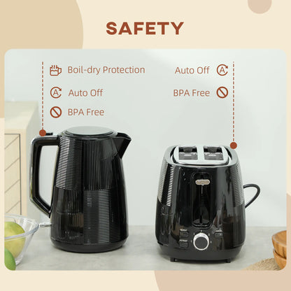 HOMCOM Fast Boil Kettle and 2 Slice Toaster Kitchen Set, 1.7L 3000W with 7 Level Browning Controls, Black