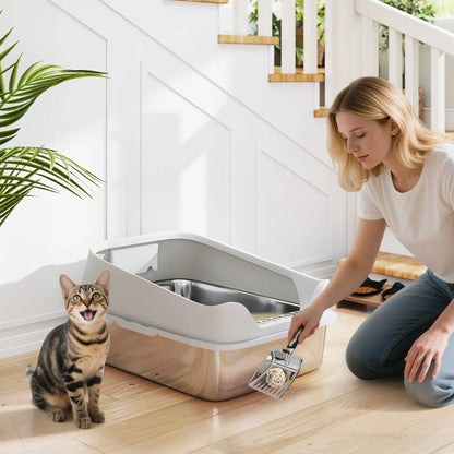 PawHut XL Stainless Steel Cat Litter Box with High Sides & Metal Scoop
