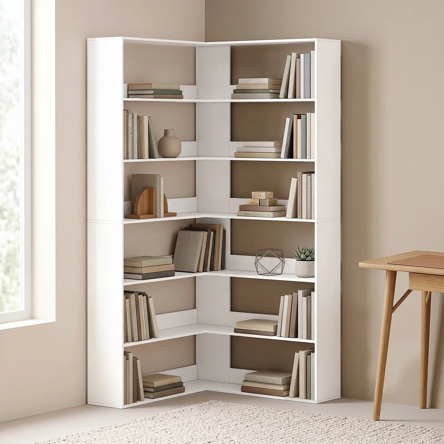 HOMCOM 7 Tiers Bookshelf, L-Shaped Corner Bookcase with Anti-Slip Rear Guard, White Wood Effect
