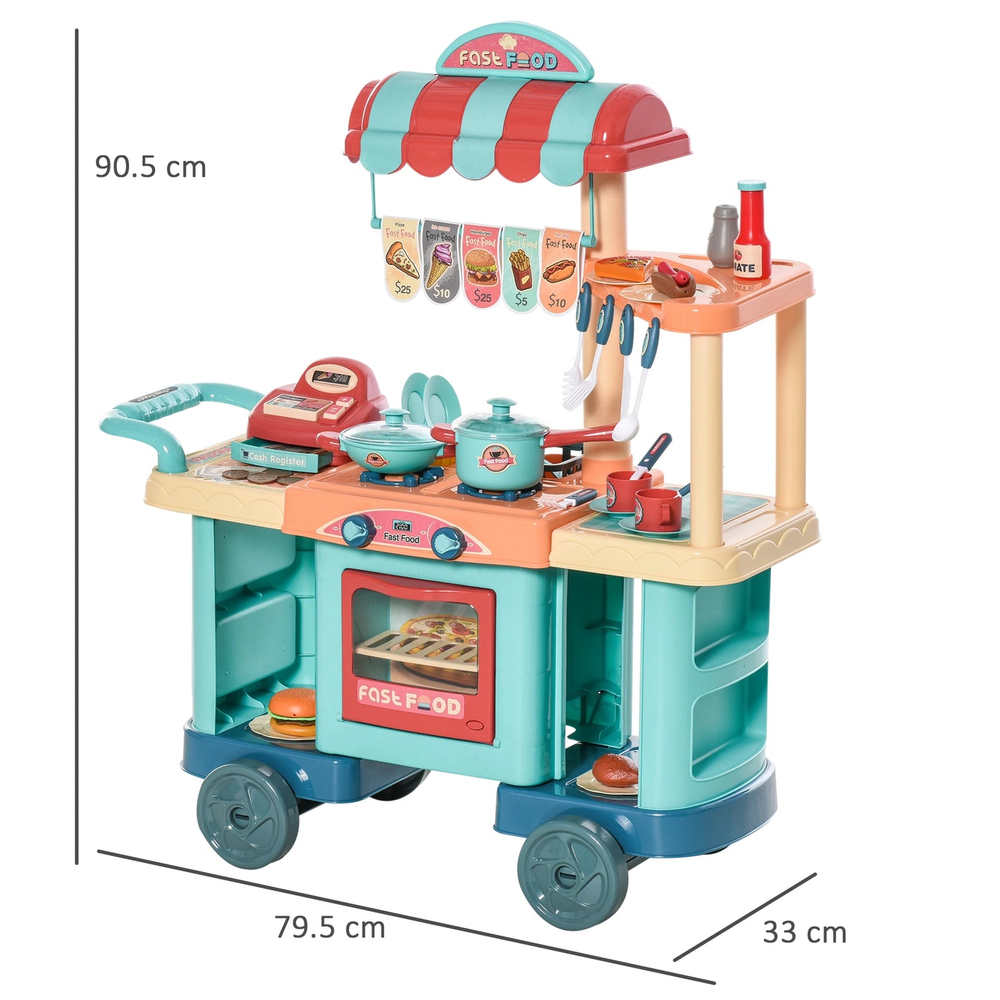 50 Pcs Kids Kitchen Play Set Fast Food Trolley Cart Pretend Playset Toys with Play Food Accessories Gift for Boys Girls Age 3-6