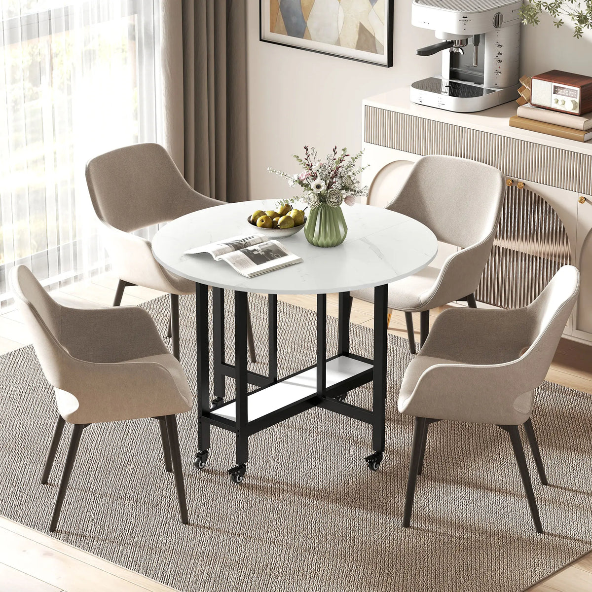 HOMCOM Folding Dining Table, Drop Leaf Table with Open Shelf, Rolling Kitchen Table for Small Spaces, White Marble