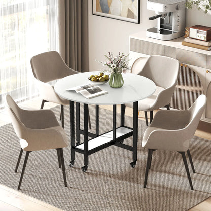 HOMCOM Folding Dining Table, Drop Leaf Table with Open Shelf, Rolling Kitchen Table for Small Spaces, White Marble