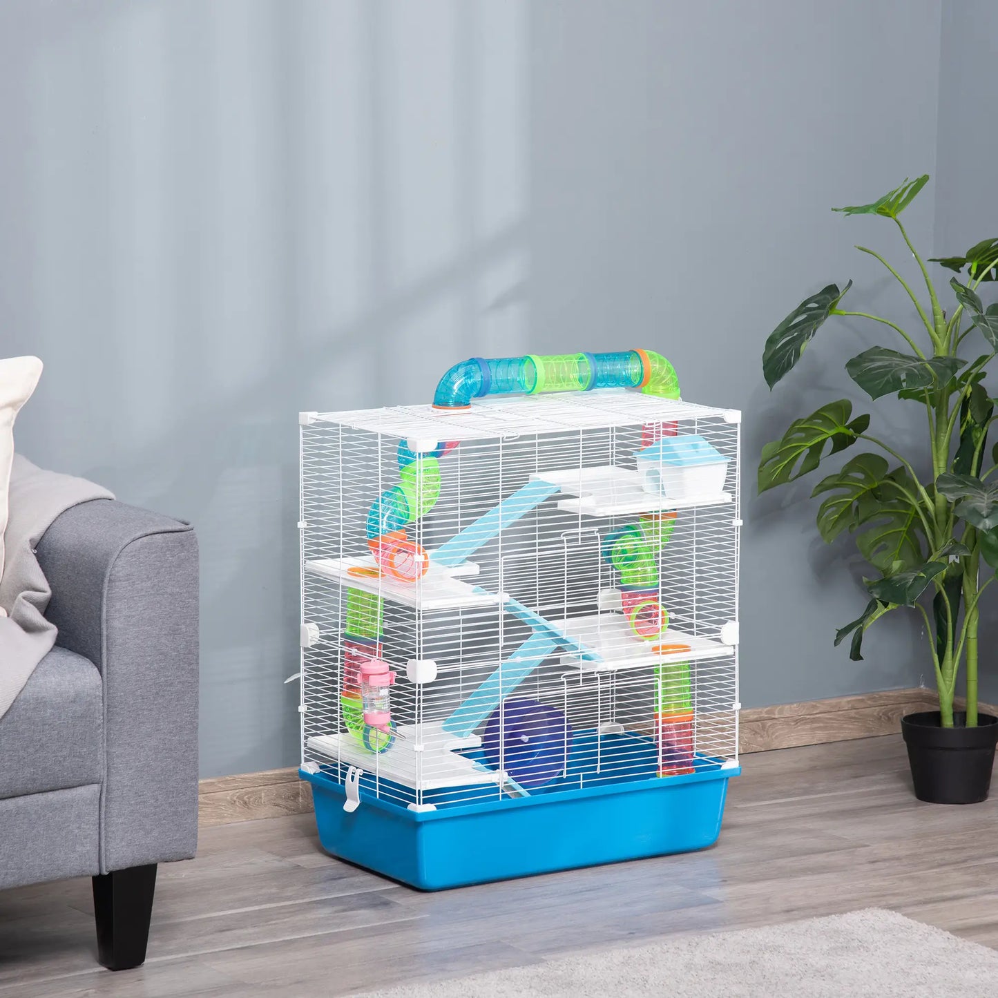 PawHut 5 Tier Hamster Cage, Gerbil Cage with Exercise Wheel, Feeder Bowl, Tube - Blue
