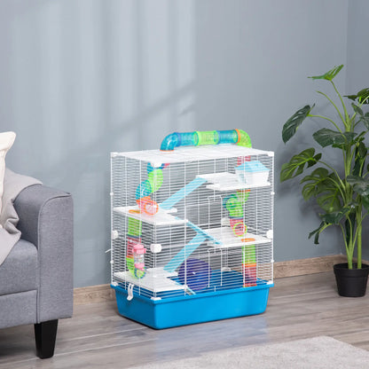 PawHut 5 Tier Hamster Cage, Gerbil Cage with Exercise Wheel, Feeder Bowl, Tube - Blue